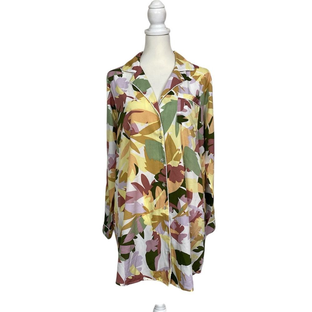 Joie Floral Button Front Blouse Silk Feel Pajama Style Top Lightweight Boho Chic